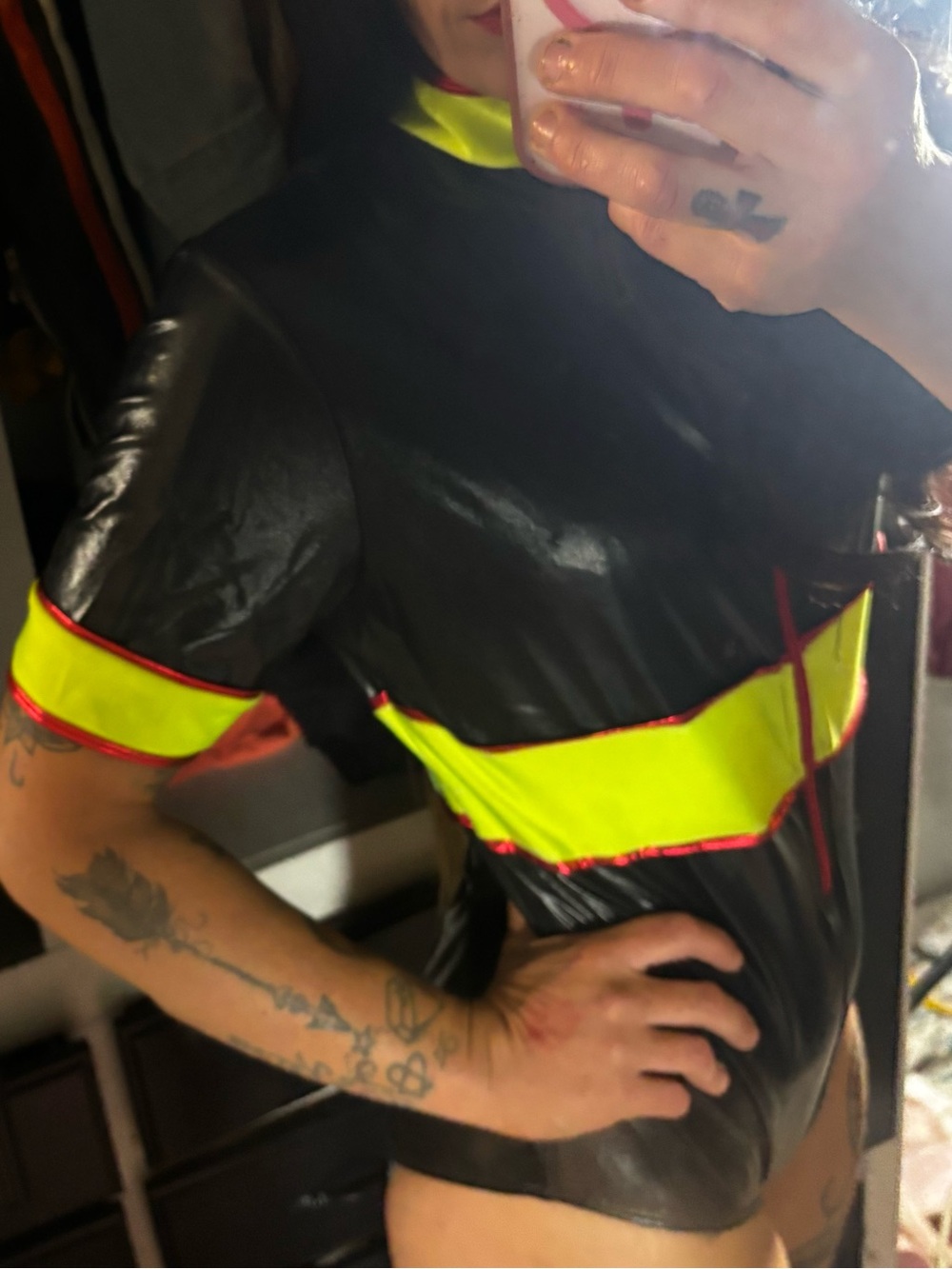 Black Short-Sleeve Men's Shirt with Neon Yellow Stripe